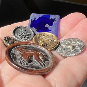 Six frisky frog buttons.