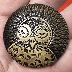 RARE celluloid owl button, back marked HOBE BUTTON CO NY.