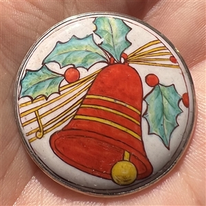 Motiwala enamel button of Christmas bell and holly.