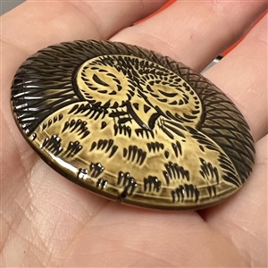 RARE celluloid owl button, back marked HOBE BUTTON CO NY.