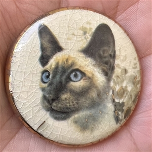 Studio ceramic button of a Siamese cat by Stella Rzanski. 