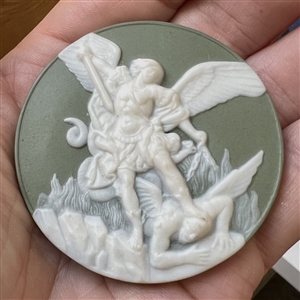 Jasperware ceramic studio button of Archangel Michael by Stella Rzanski.