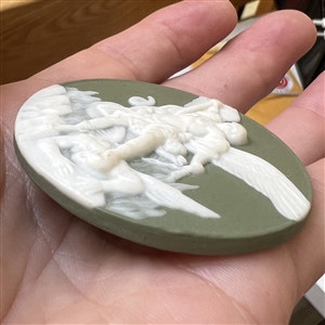 Jasperware ceramic studio button of Archangel Michael by Stella Rzanski.