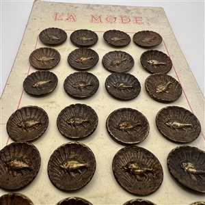 Original store card of 24 brass fish buttons by La Mode.