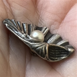 White metal button of realistic shell with pearl.