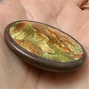 “Japanisme transfer with paint and gold details under celluloid button of Japanese woman with carp “streamers.