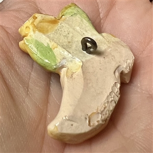 Painted plaster button of a clog holding a tulip.