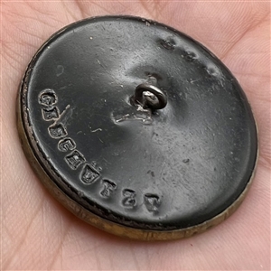 Brass button with galena of a bird surrounded by two snakes.