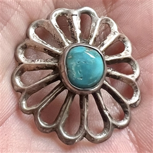 Native American button of cast silver with turquoise center