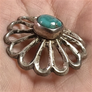 Native American button of cast silver with turquoise center