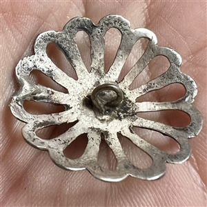 Native American button of cast silver with turquoise center