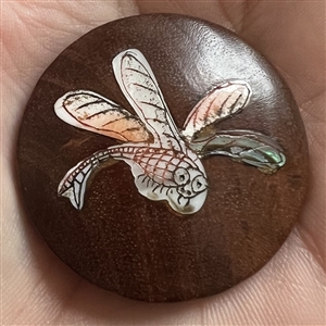 Shell inlay in boxwood of a dragonfly.