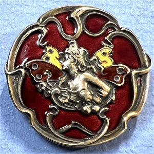 Unusual Art Nouveau enamel button of a fairy.