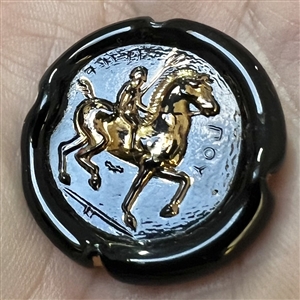 Bimini black glass button of a man on horseback. 