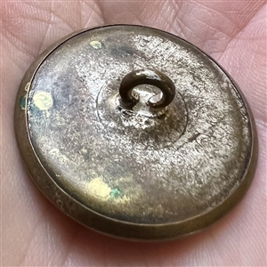 Iridescent pearl button with stylized brass design.