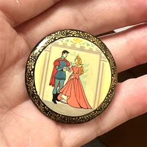 Fabulous Russian lacquer button of “Sleeping Beauty and her Prince.