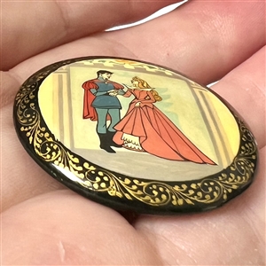 Fabulous Russian lacquer button of “Sleeping Beauty and her Prince.