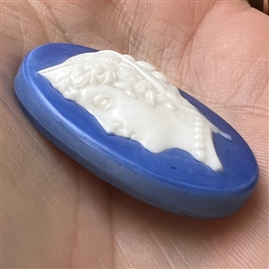 Milk glass rosette shank button with blue of woman’s head.