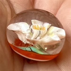 Stunning show favor button by Mary Gaumond - glass paperweight studio button of a 3D orange blossom.
