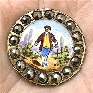 A 19th c. French enamel button of a man in 18th c. costume.