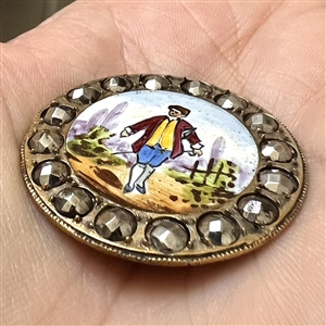 A 19th c. French enamel button of a man in 18th c. costume.