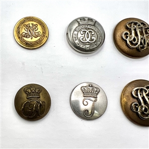 Twelve Livery buttons of monograms and initials.