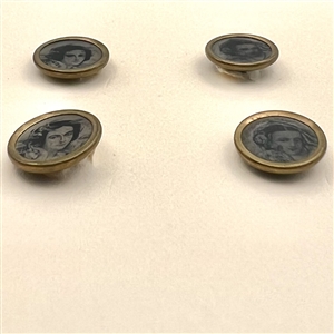 Four tiny tintype buttons of women.