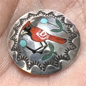 Native American Zuni silver button with gemstone inlay of a cardinal.