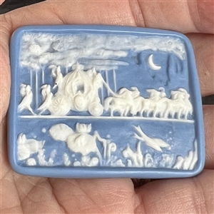 Jasperware studio button of Cinderella pumpkin carriage by Stella Rzanski.
