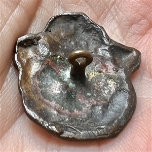 Realistic Queen of Hearts tinted copper button. 