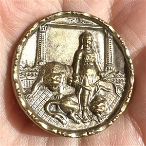 “Lion tamer” brass button of a woman with lions.