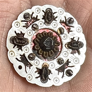 RARE and FABULOUS 18th c. Incised pearl button with passementerie bugs and flower (?) center.
