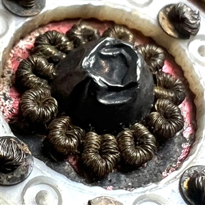 RARE and FABULOUS 18th c. Incised pearl button with passementerie bugs and flower (?) center.