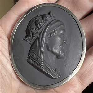 Extra large Jasperware button of a royal man wearing a crown. 