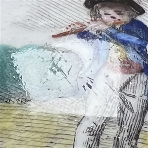 Painted porcelain button of a boy in blue playing a flute.