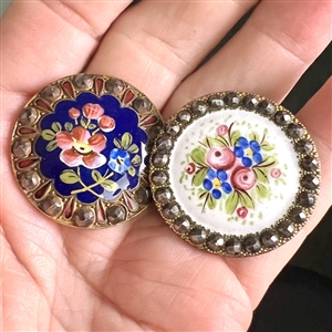 Two 19th c. enamel buttons of flowers with borders of cut-steels.