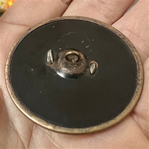 White metal bird and dragonfly over wood button. 