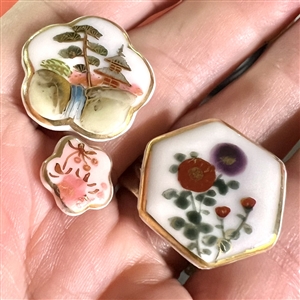 Three lovely Japanese Kutani porcelain  buttons in interesting shapes.