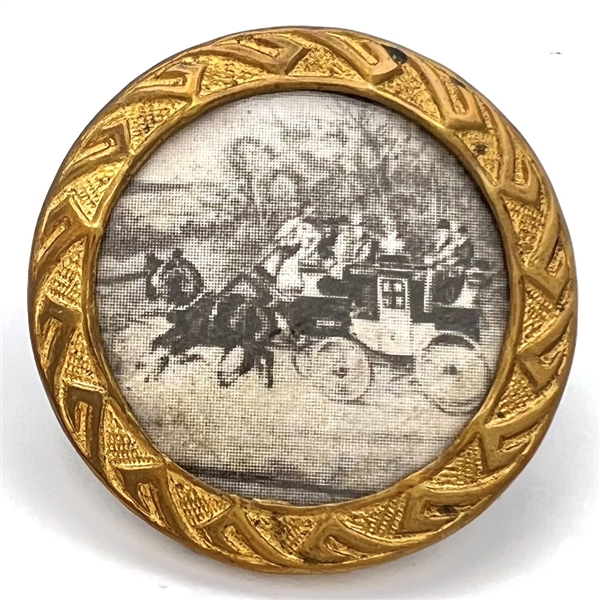 Printed paper under celluloid of a horse and carriage. 