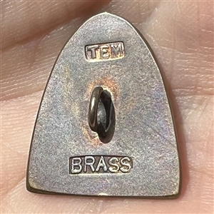 Commemorative button of horse and covered wagon under St. Louis arch. 