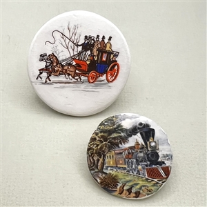 Two studio ceramic buttons of transportation. 