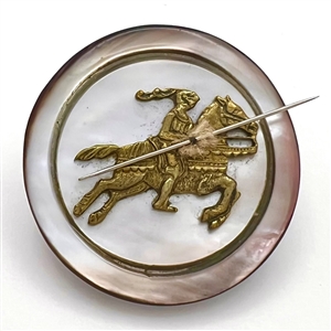 UNIQUE studio button of a jousting knight with a sewing needle lance by Tom Maringer. 