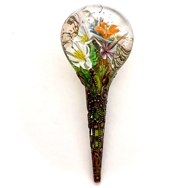 Huge glass studio button of "Tussie Mussie" - flower bouquet in a wire basket by Mary Gaumond.