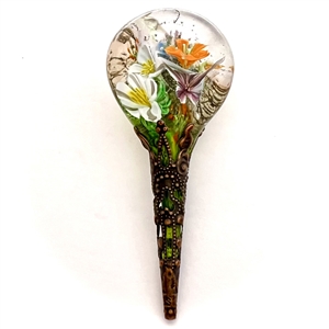 Huge glass studio button of "Tussie Mussie" - flower bouquet in a wire basket by Mary Gaumond.
