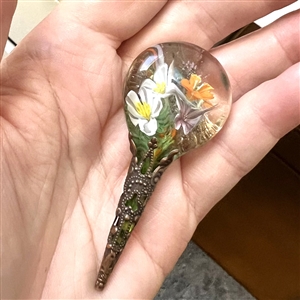 Huge glass studio button of Tussie Mussie - flower bouquet in a wire basket by Mary Gaumond.