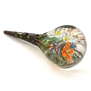 Huge glass studio button of Tussie Mussie - flower bouquet in a wire basket by Mary Gaumond.