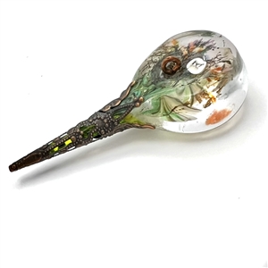 Huge glass studio button of Tussie Mussie - flower bouquet in a wire basket by Mary Gaumond.