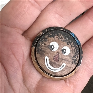 “Beloved Blindy painted studio button by Hope Boltz.