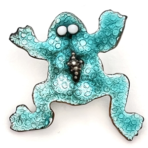 Ginbari foil enamel studio button by Karen Cohen of a frog.