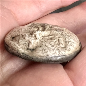 “Moon Face ceramic studio button.
